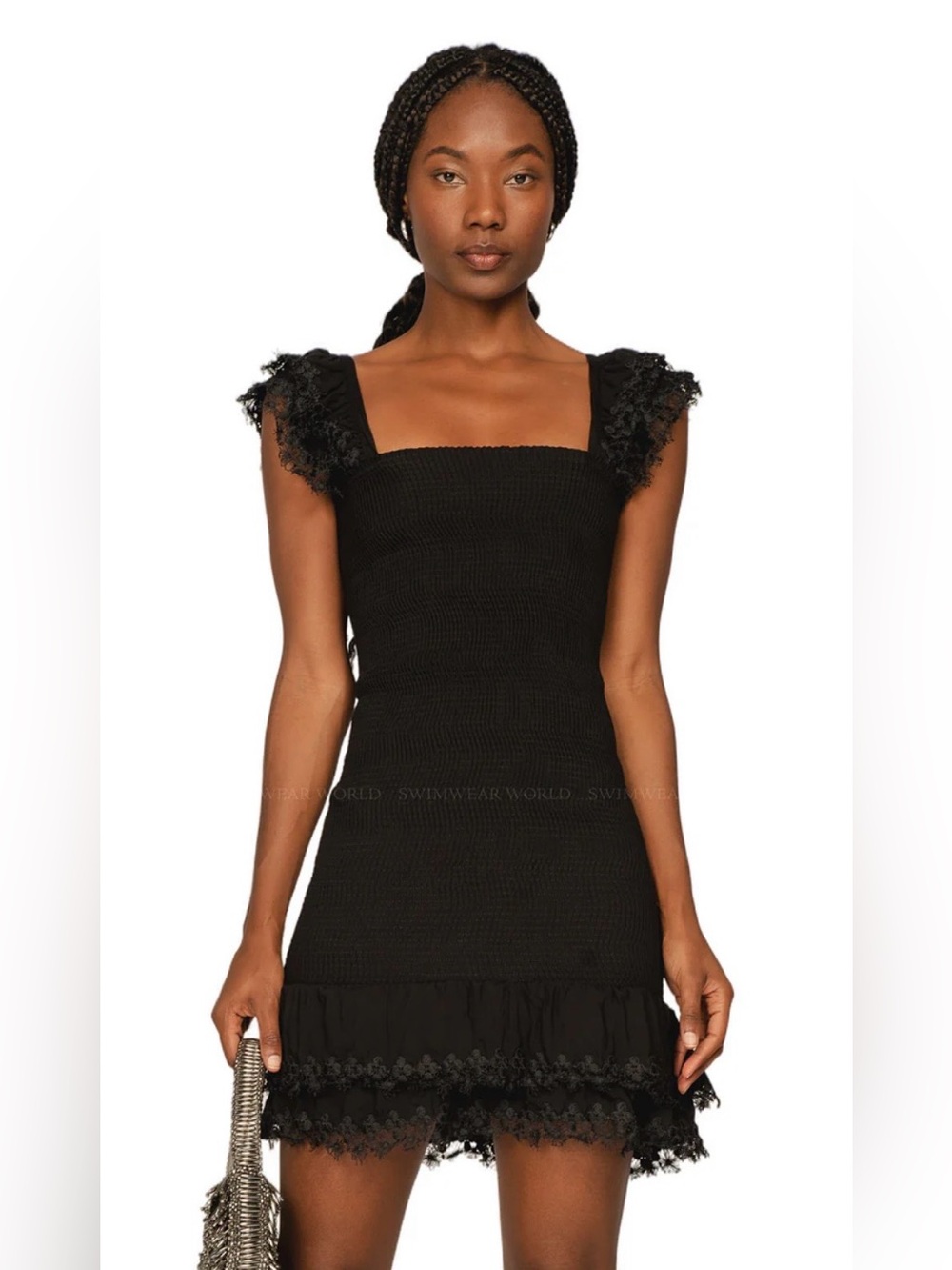 Peixoto Black Ruffled Lace Strap Dress